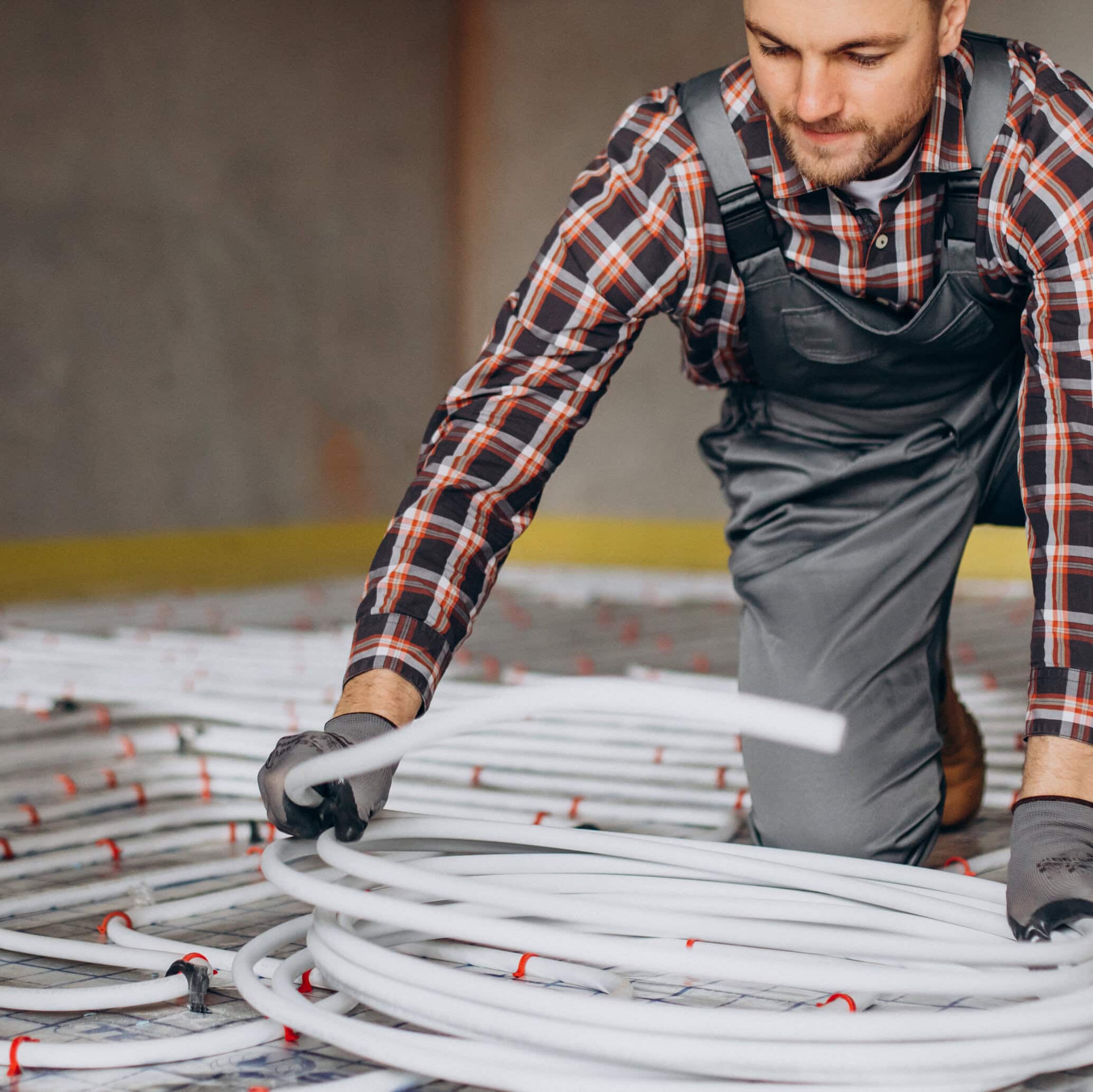 Service man instelling house heating system under the floor